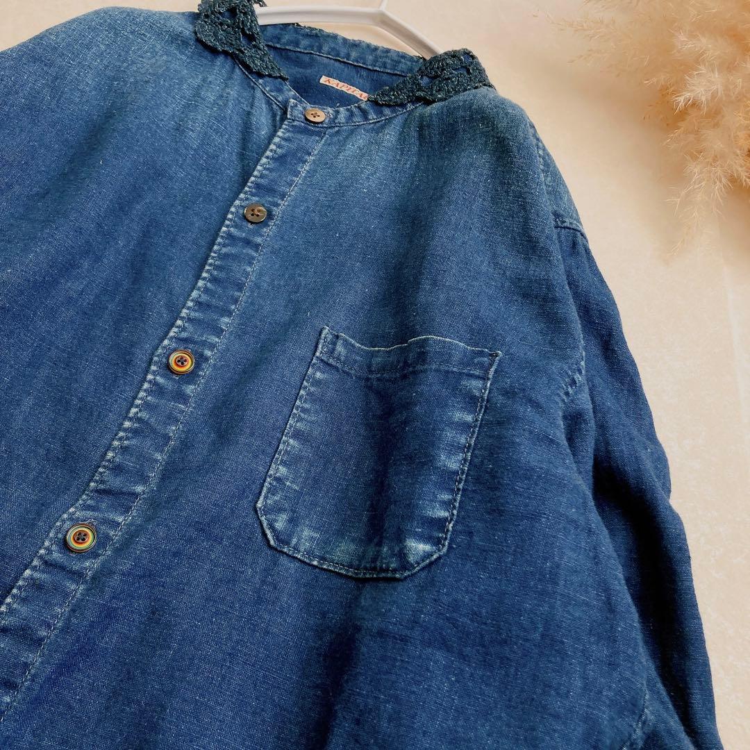 キャピタル レース襟 リネン100% ゆったり インディゴデニムシャツ 藍色