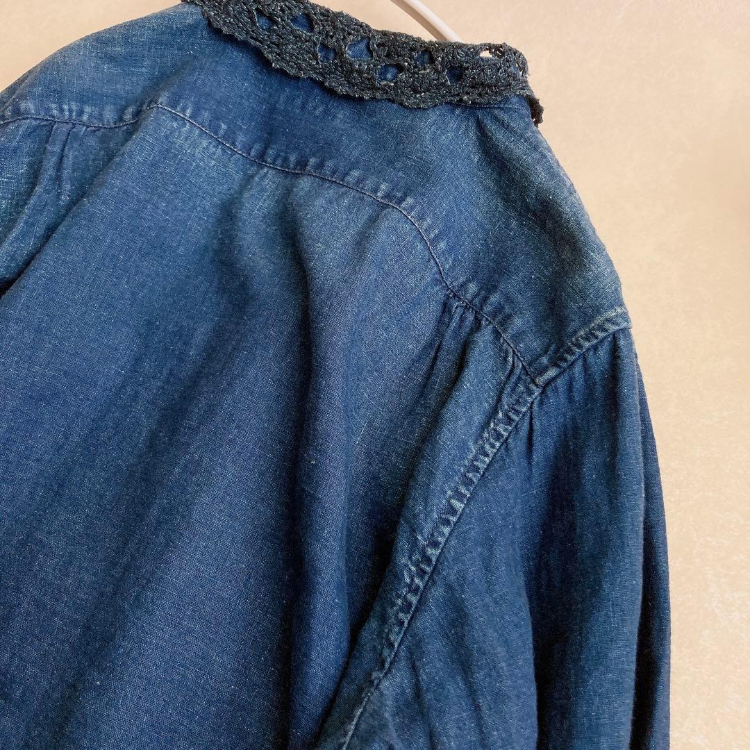 キャピタル レース襟 リネン100% ゆったり インディゴデニムシャツ 藍色