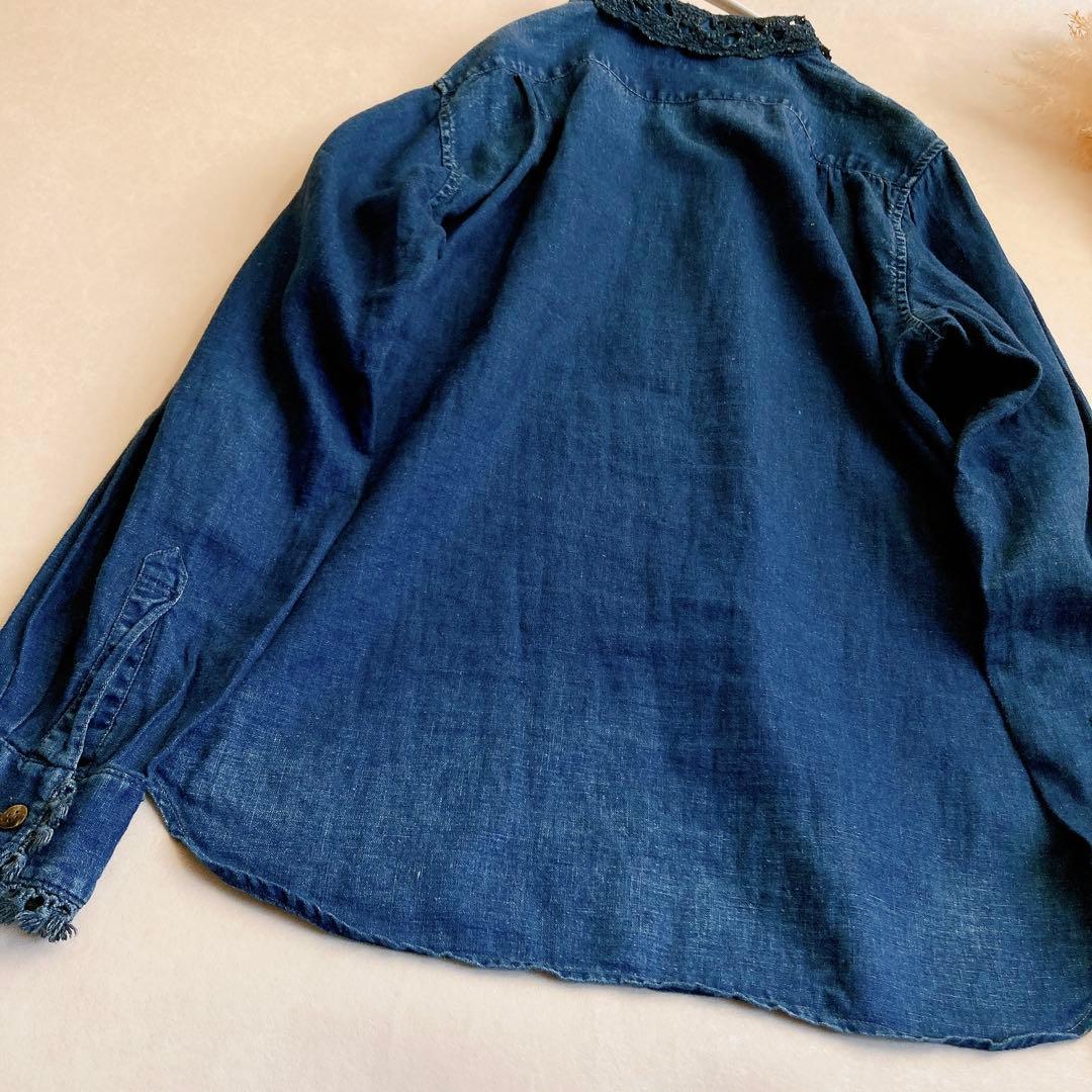 キャピタル レース襟 リネン100% ゆったり インディゴデニムシャツ 藍色