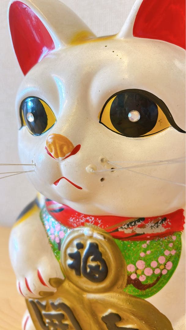 招き猫 左手上げ 三毛猫 貯金箱 約34cm