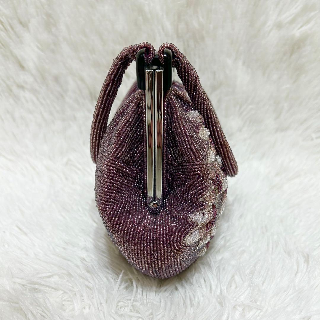美品✨1点物✨ビーズバッグ 総ビーズ がま口 花柄 着物 和装 専用手鏡付属✨