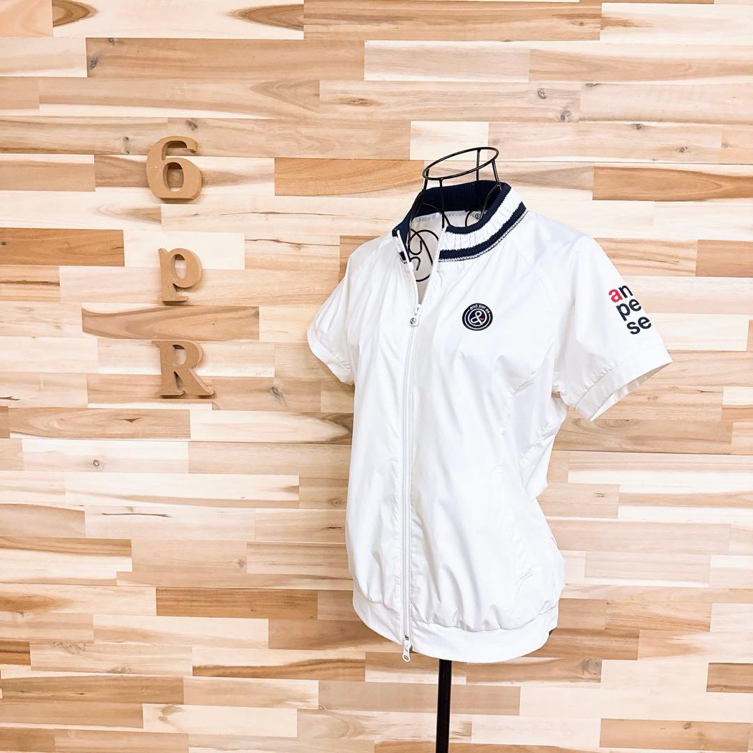 【アンパスィ】ゴルフ ジップアップ ニット襟 半袖Tシャツ 内側メッシュ M 白