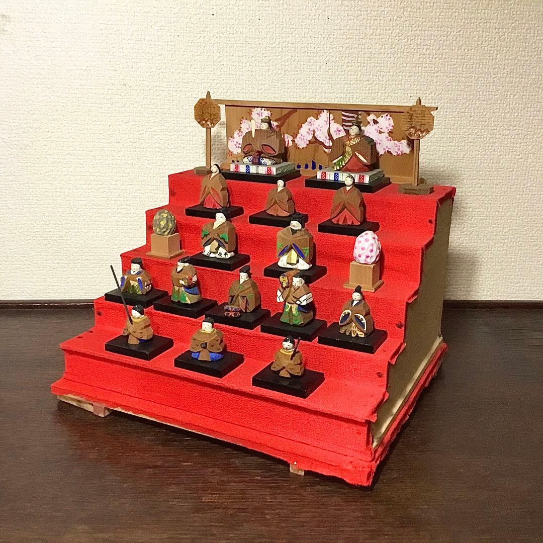ミニ雛人形◆一刀彫◆ビンテージ 段飾り 木彫 伝統工芸 雛段 5段飾り