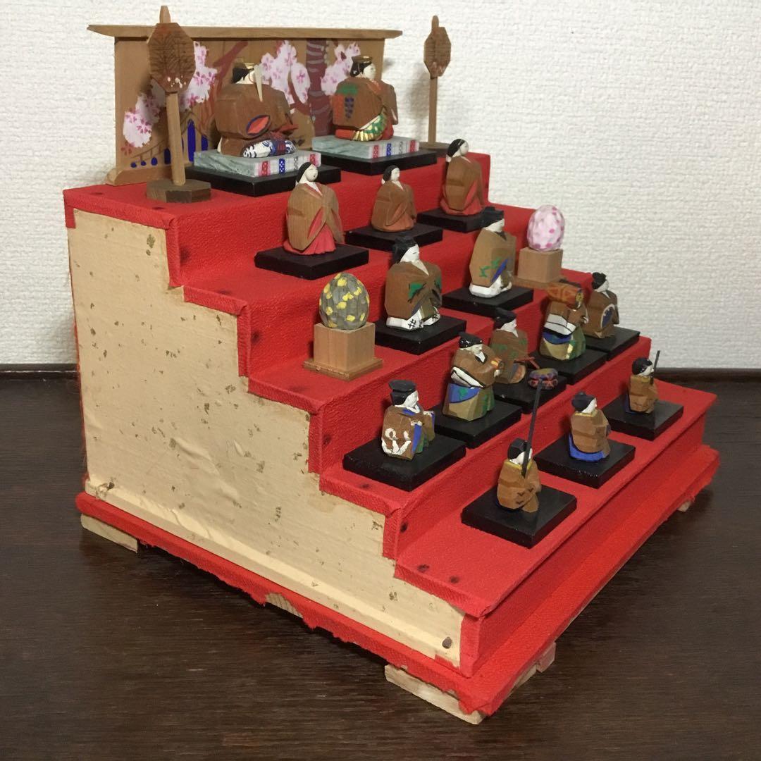 ミニ雛人形◆一刀彫◆ビンテージ 段飾り 木彫 伝統工芸 雛段 5段飾り