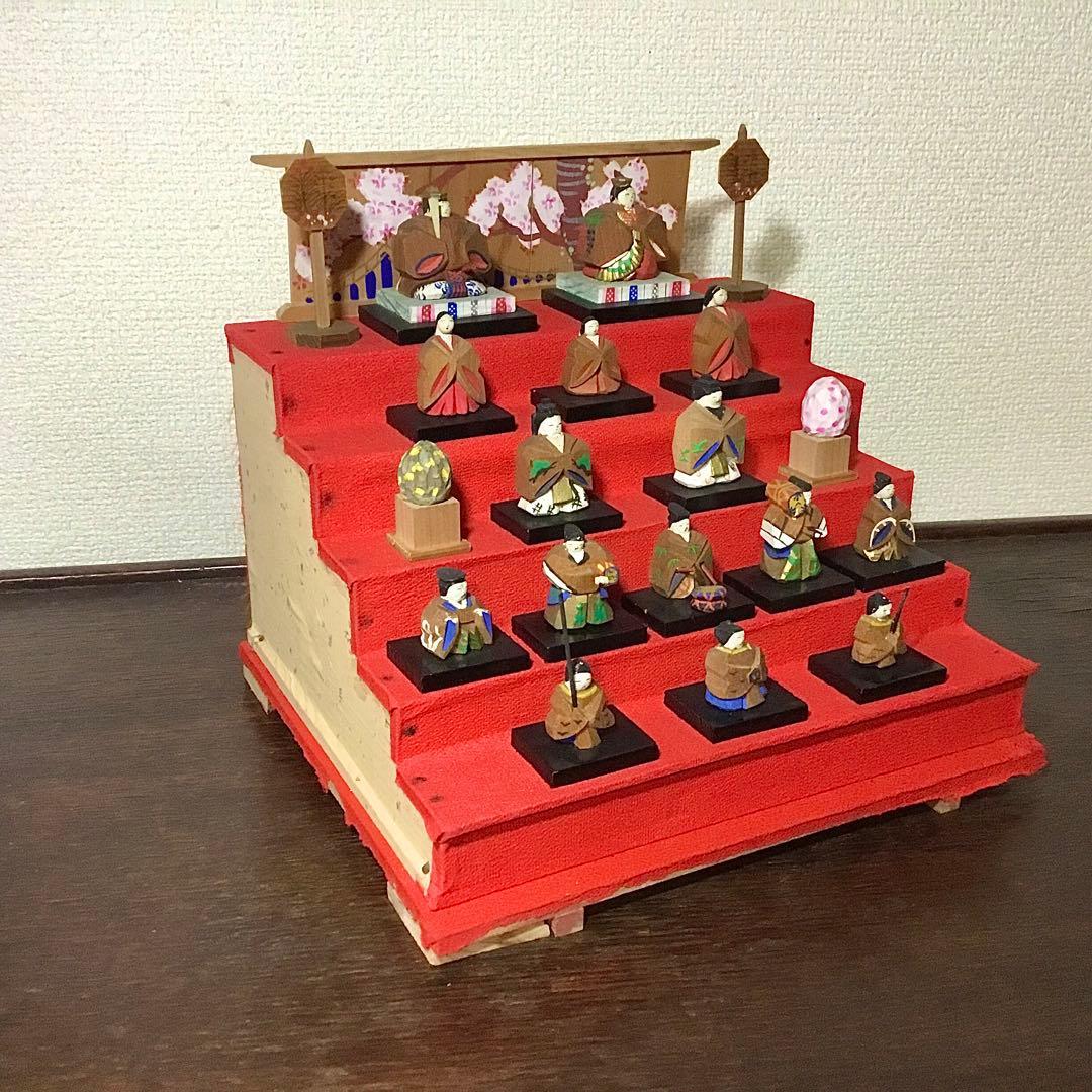 ミニ雛人形◆一刀彫◆ビンテージ 段飾り 木彫 伝統工芸 雛段 5段飾り