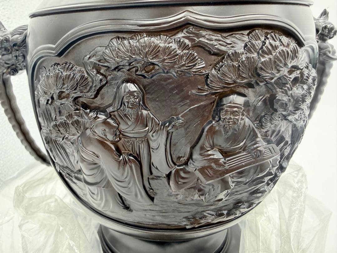 銅製 薄端 花器 尺一寸 花台付き 山水彫刻 共箱 華道具