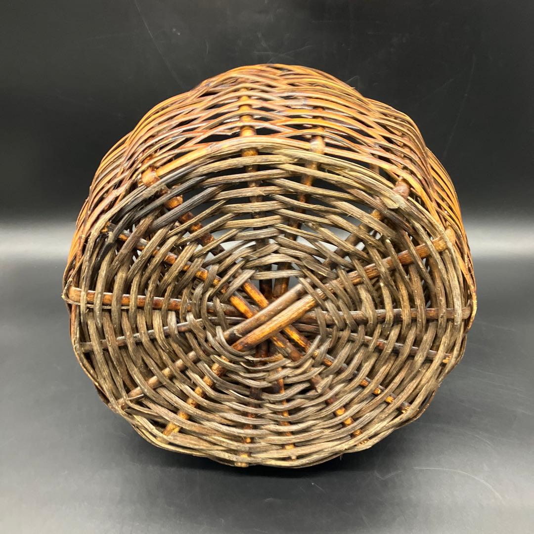 ウィッカー製ラウンドバスケット籠　カゴ　昭和レトロ　収納かご　時代物　レトロ