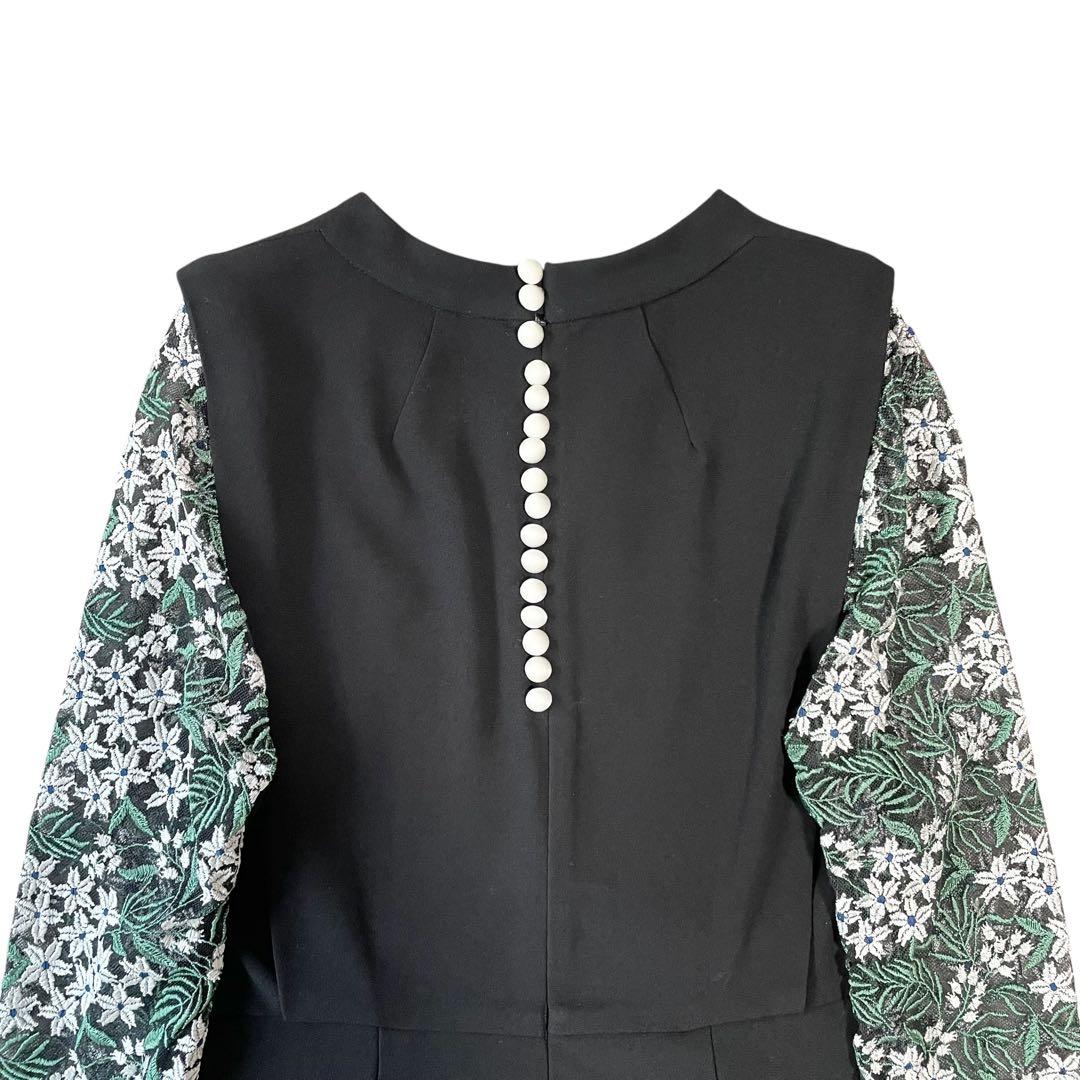 【Perfume着用】マメクロゴウチ 袖レースVネックワンピース 刺繍 黒 02