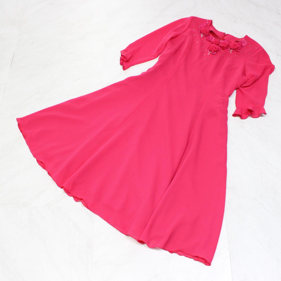 【美品 社交ダンス衣装】ワンピース ドレス Mサイズ マゼンダ ピンク 花飾り