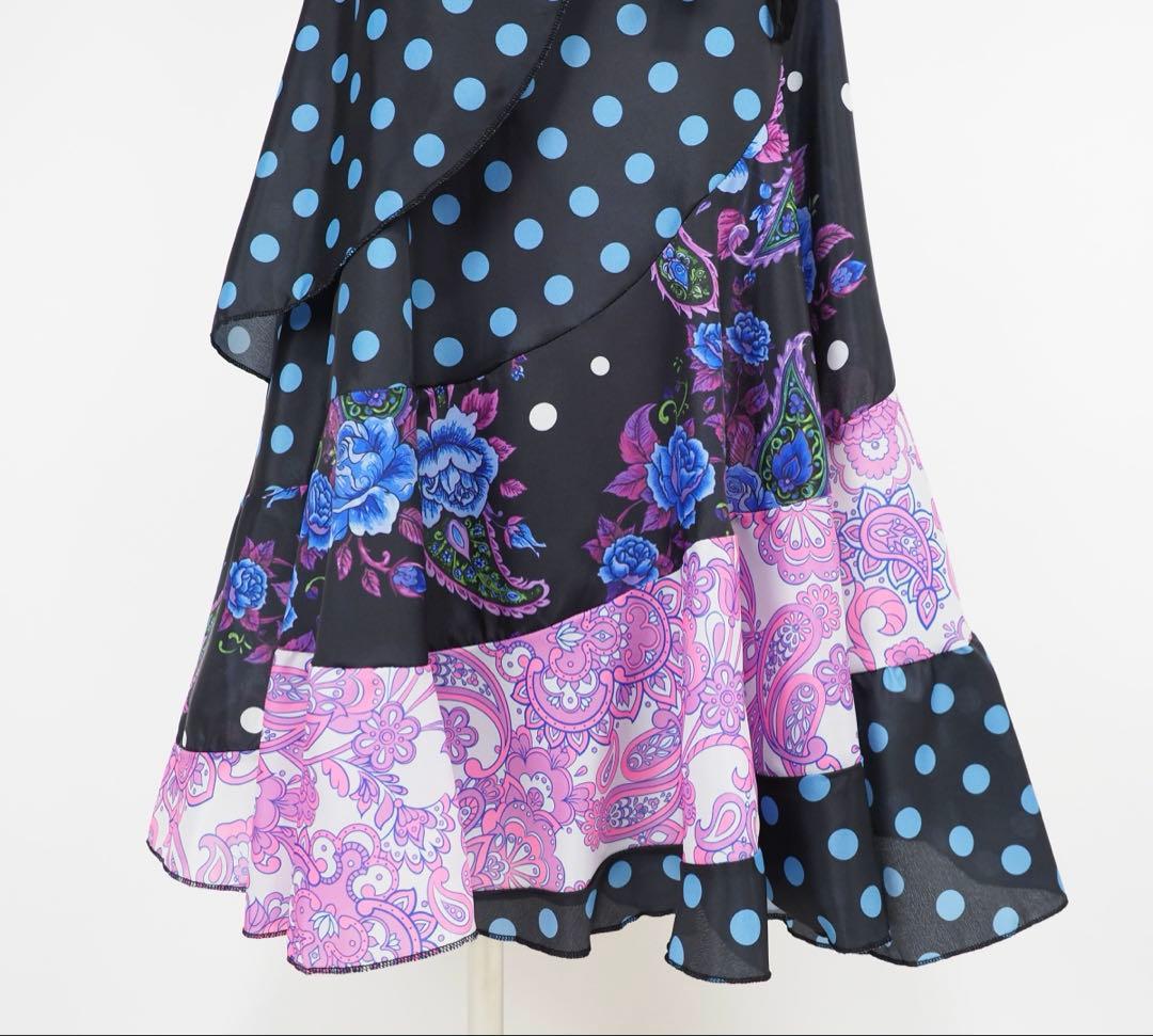 フラメンコ　巻きスカート　新品　フラメンコ衣装　レッスンファルダ　黒　ブルー