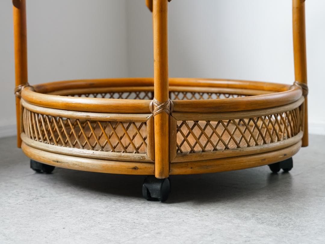 ジャパニーズモダン ヴィンテージ ラタン/藤 ガラステーブル 古道具 レトロ