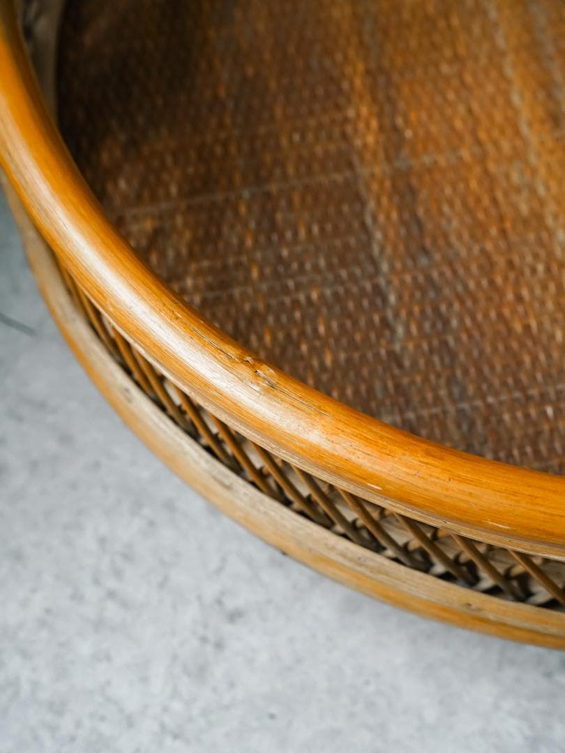 ジャパニーズモダン ヴィンテージ ラタン/藤 ガラステーブル 古道具 レトロ