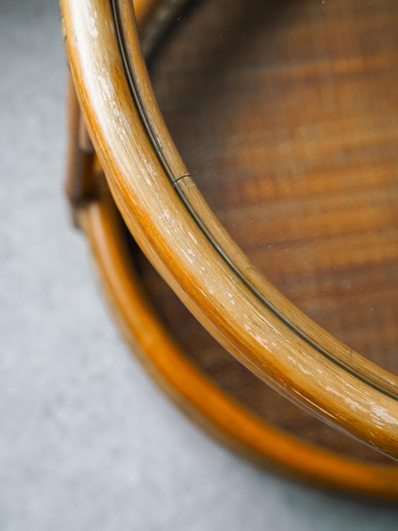 ジャパニーズモダン ヴィンテージ ラタン/藤 ガラステーブル 古道具 レトロ