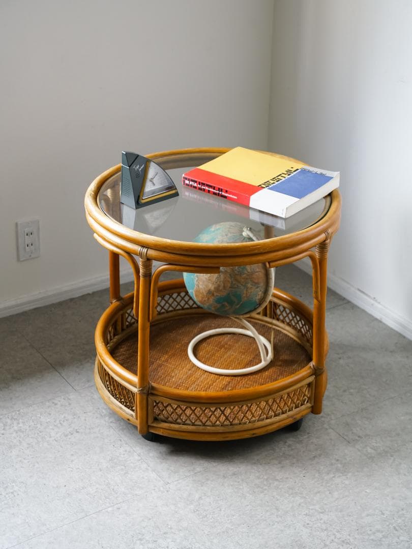 ジャパニーズモダン ヴィンテージ ラタン/藤 ガラステーブル 古道具 レトロ