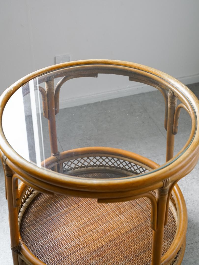 ジャパニーズモダン ヴィンテージ ラタン/藤 ガラステーブル 古道具 レトロ