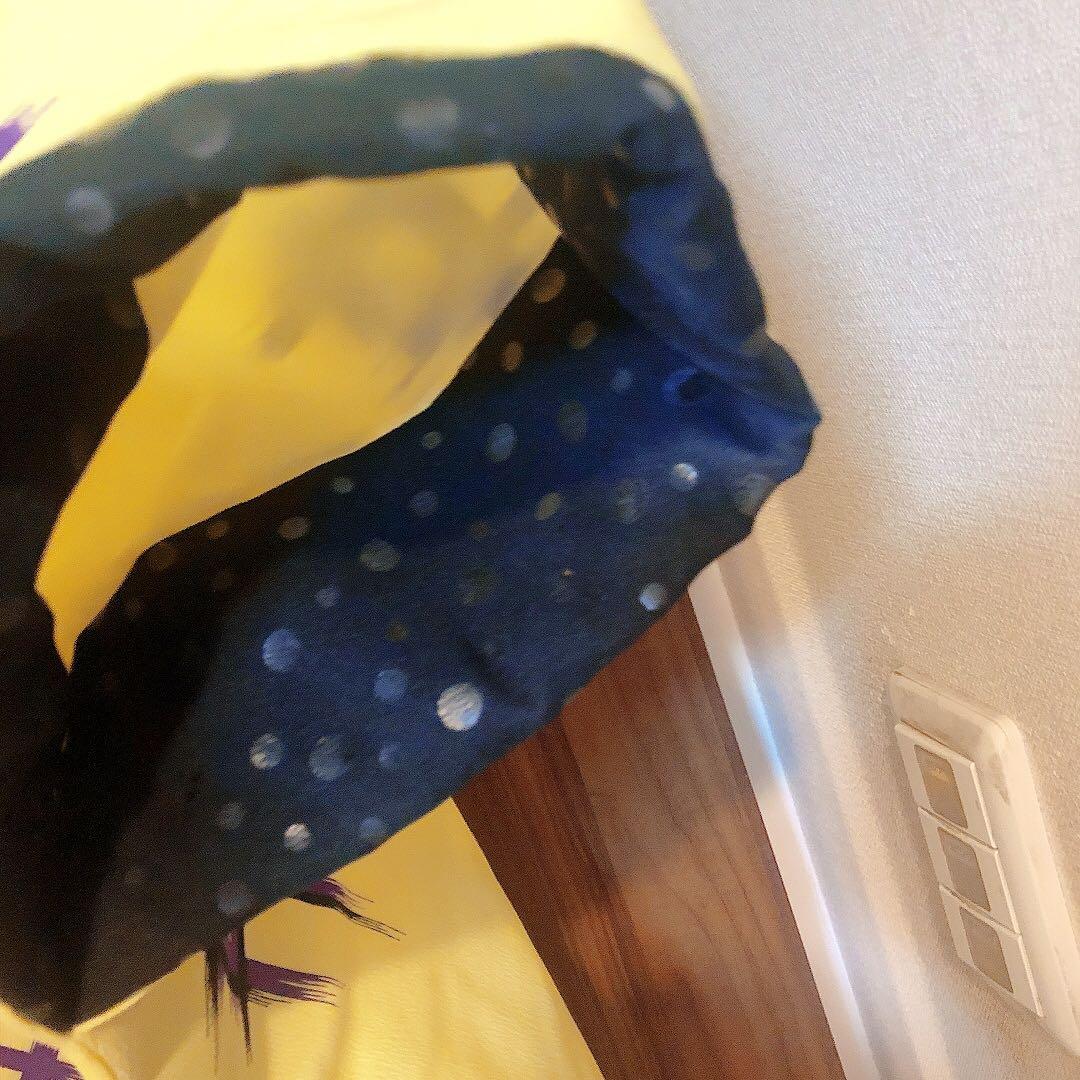 日本舞踊り　日舞　ポリエステル　裾引き着物　お引きづり　黄色紫　井桁模様　派手