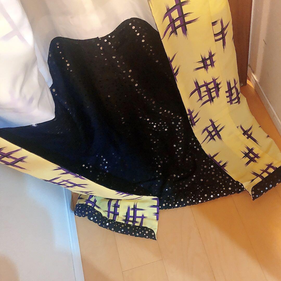 日本舞踊り　日舞　ポリエステル　裾引き着物　お引きづり　黄色紫　井桁模様　派手