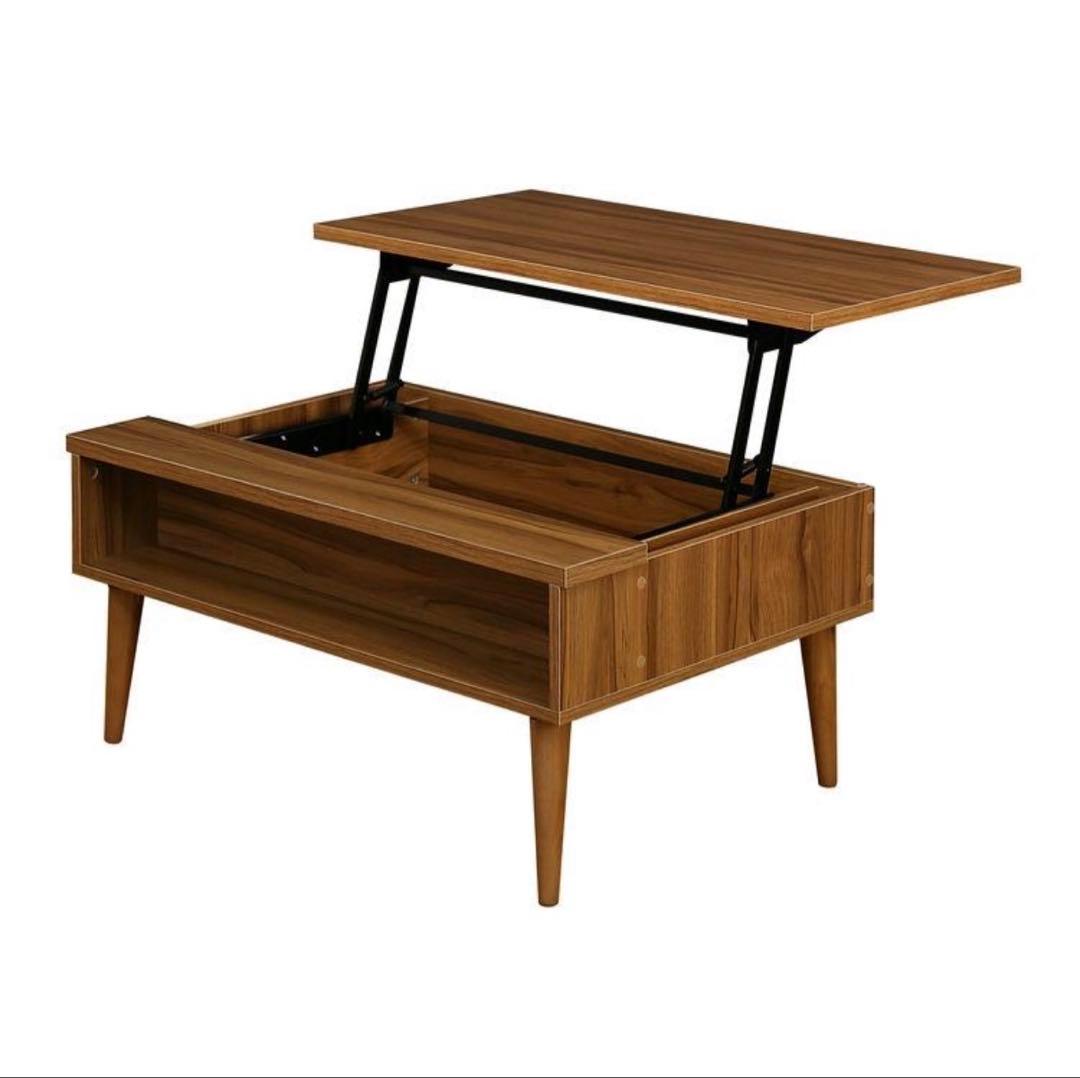 リフトアップテーブル 90cm 大容量収納 昇降テーブル 昇降デスク ブラウン