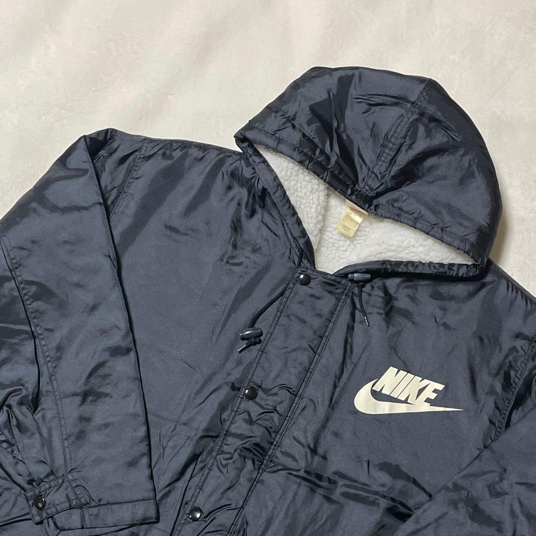 【90s】NIKE 銀タフード付きベンチコート ブラック 背中デカロゴ 美品