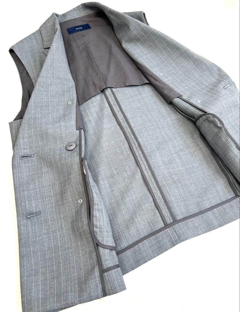 SHIPS 【美品】TW ギャバテーラージレ （グレー） ストライプ