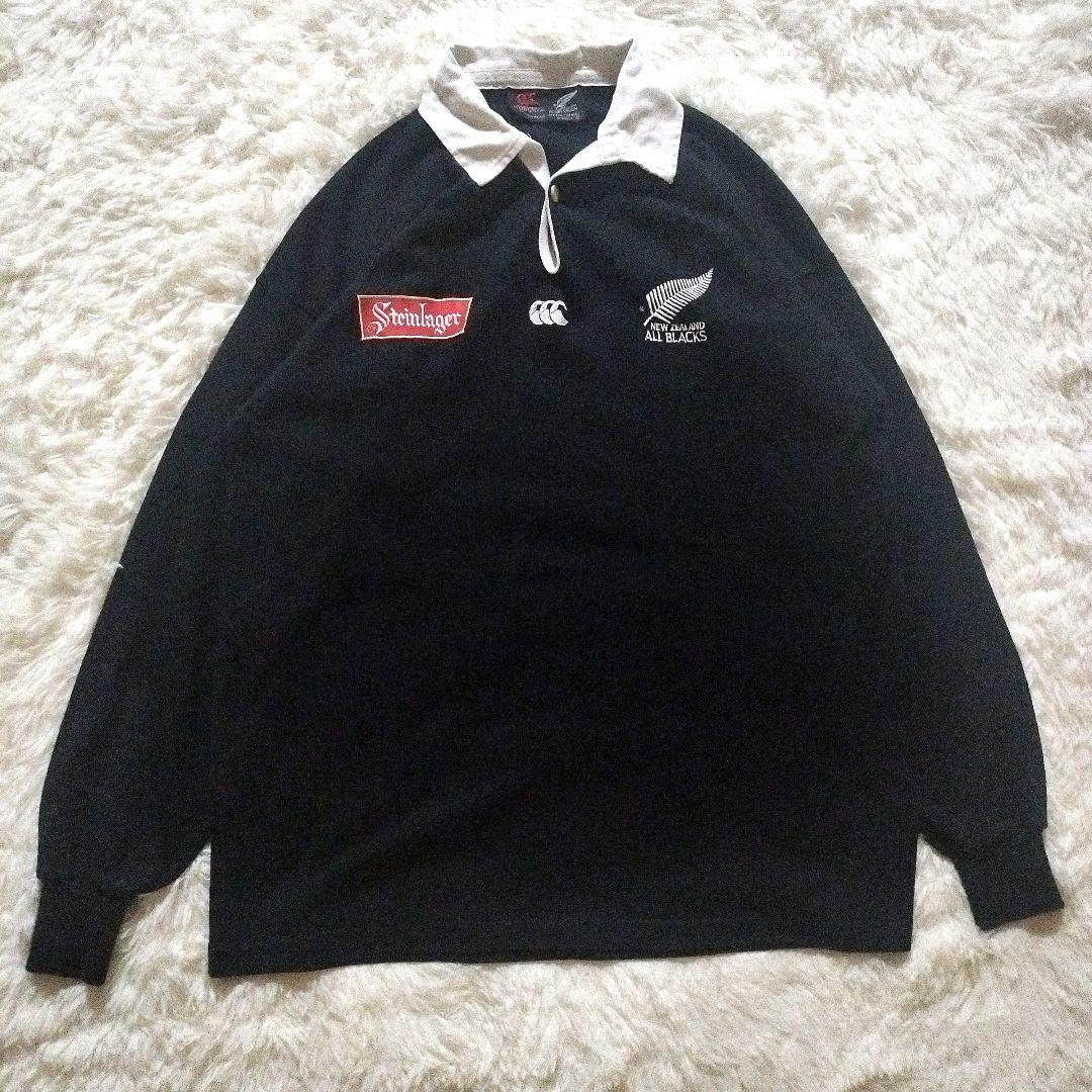 90s カンタベリー オールブラックス 刺繍ロゴ 長袖 ラガーシャツ M 黒色