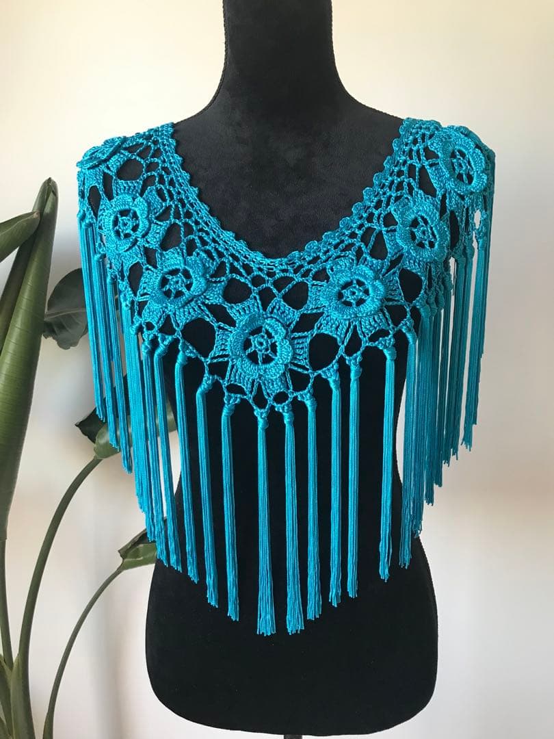 フラメンコ　お花ポンポンフレコ　ターコイズブルー　クロチェ編み　クキージョフレコ