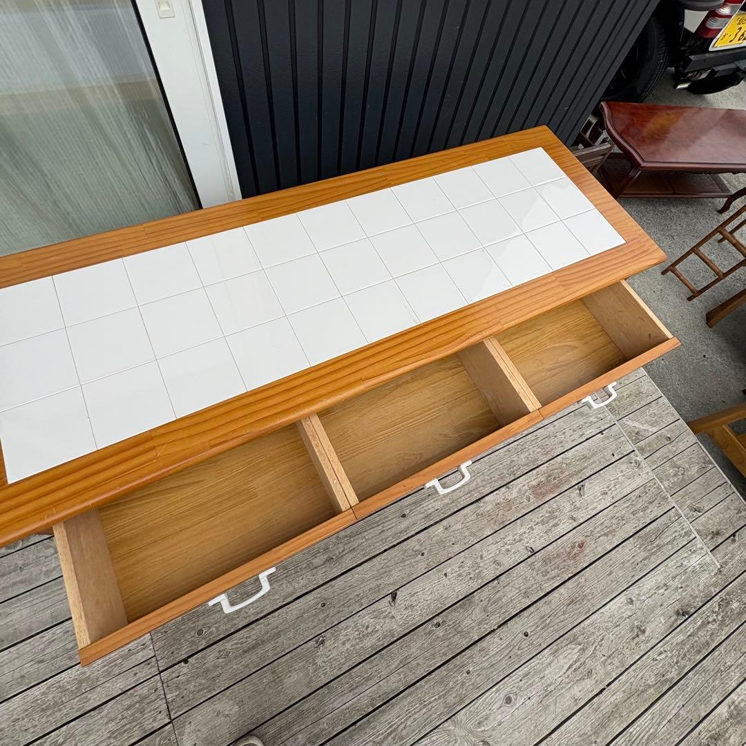 北欧レトロ 脇木工 カウンターテーブル 両面開き タイル天板 収納棚付き 食器棚