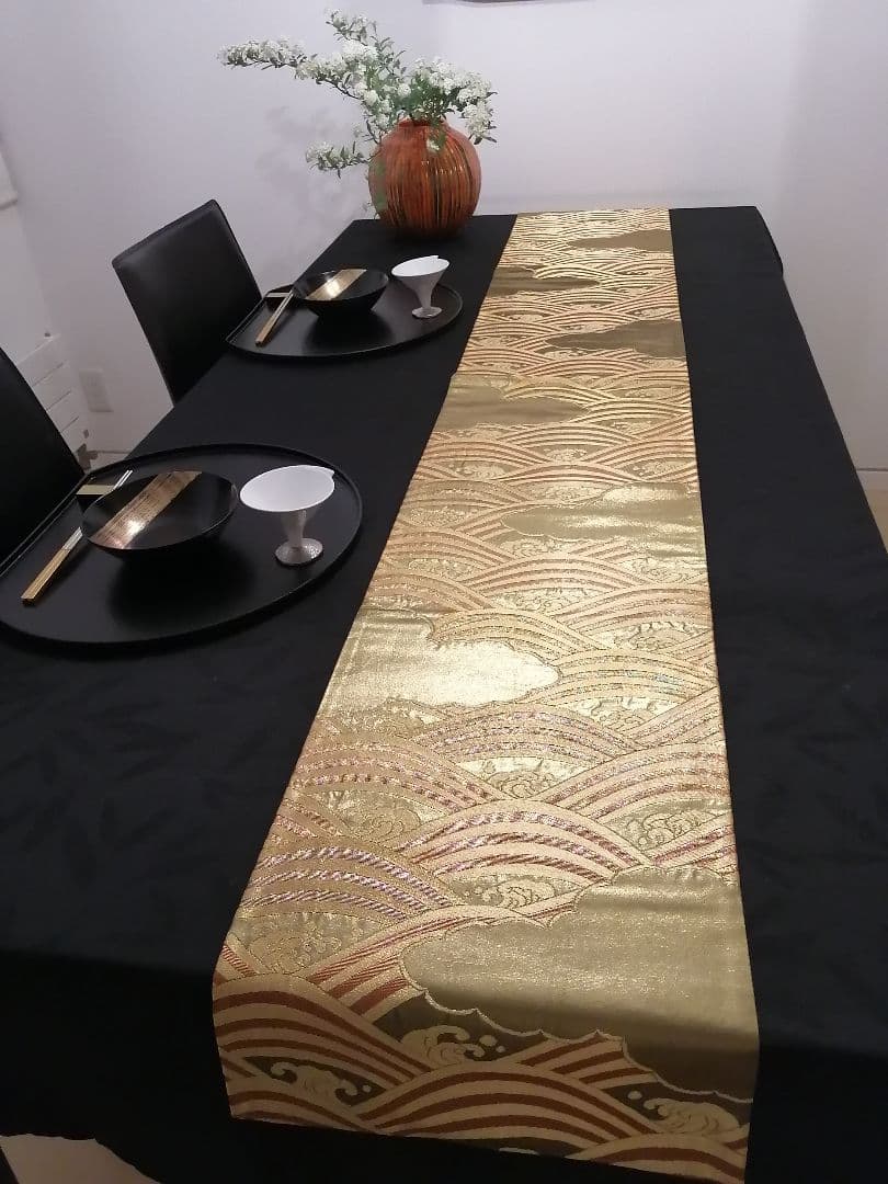 A100高級‼️金彩‼️縁起の良い波模様の袋帯テーブルランナー2m