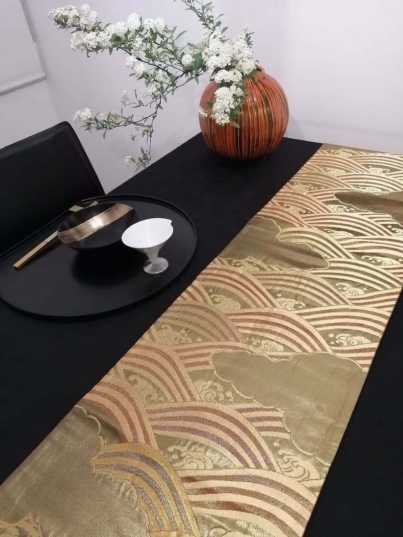 A100高級‼️金彩‼️縁起の良い波模様の袋帯テーブルランナー2m