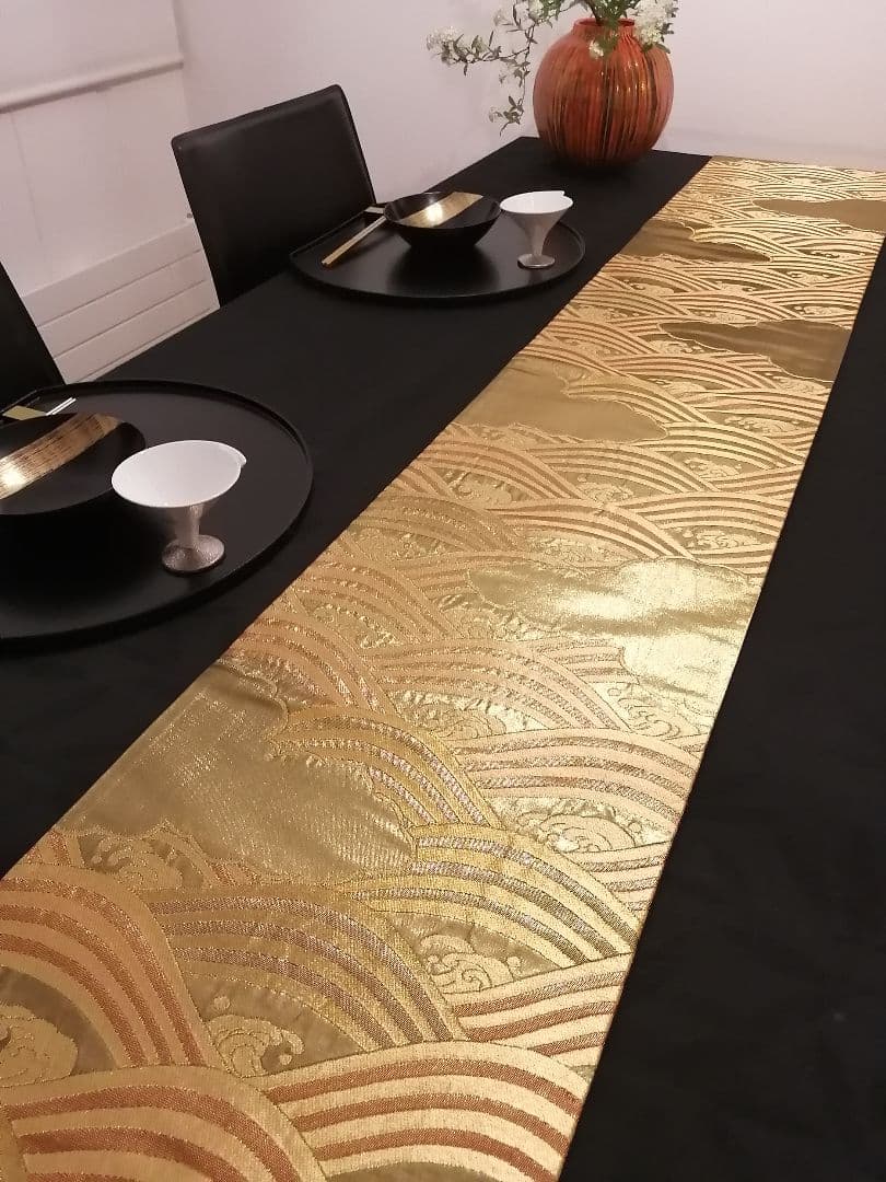 A100高級‼️金彩‼️縁起の良い波模様の袋帯テーブルランナー2m