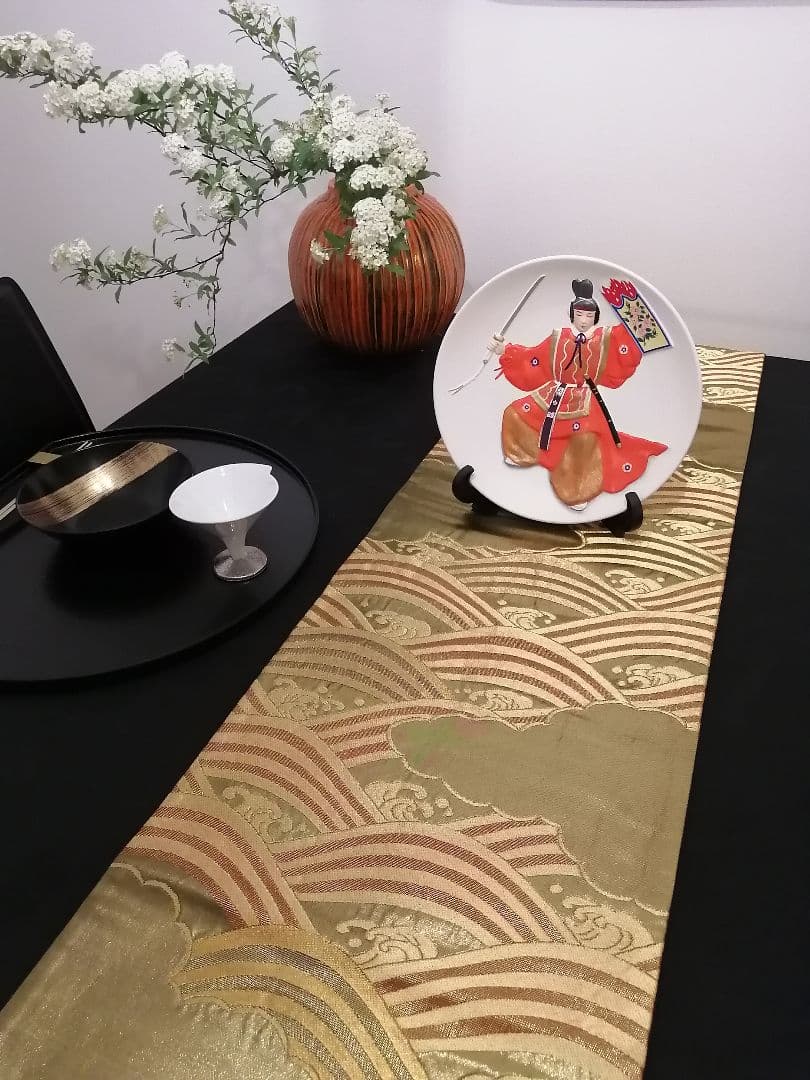 A100高級‼️金彩‼️縁起の良い波模様の袋帯テーブルランナー2m