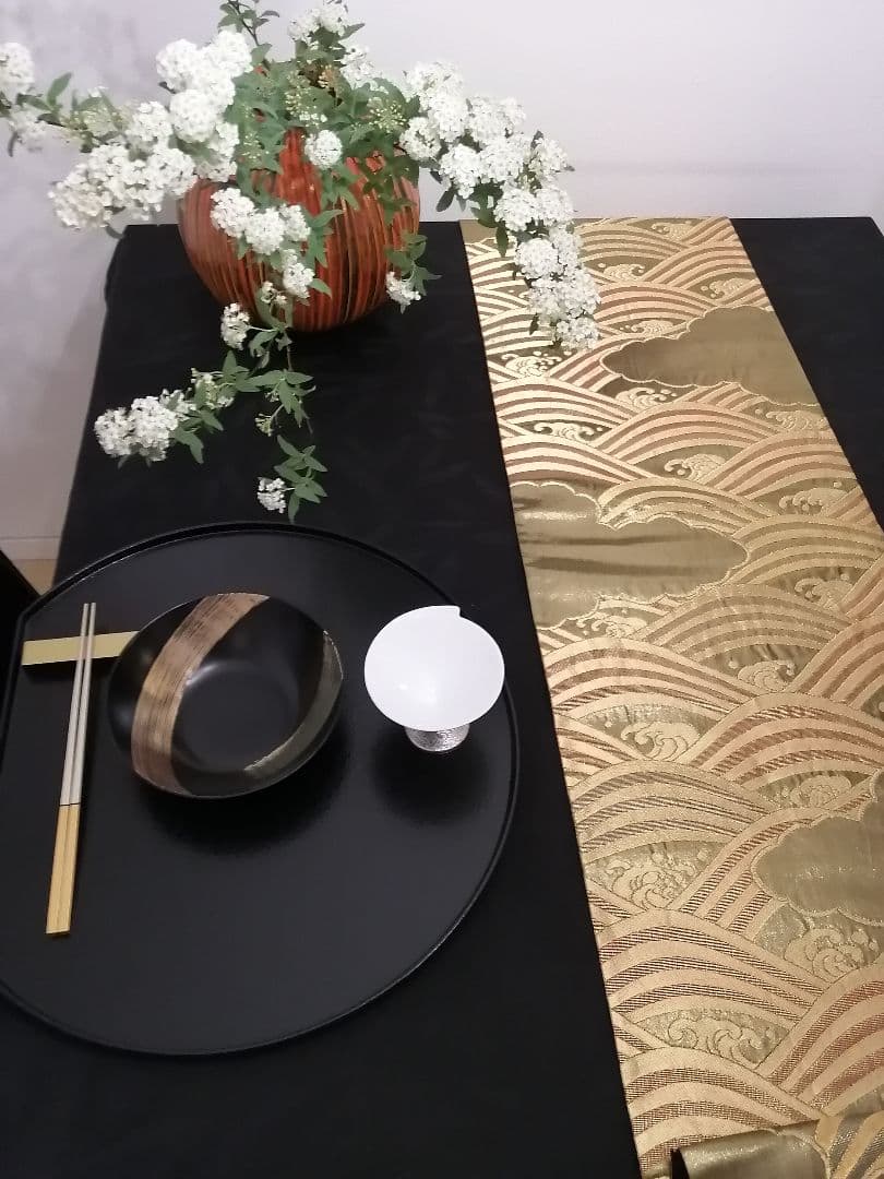 A100高級‼️金彩‼️縁起の良い波模様の袋帯テーブルランナー2m