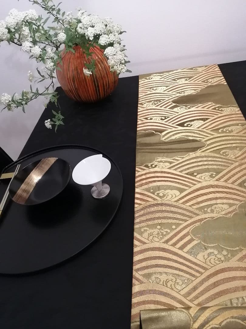 A100高級‼️金彩‼️縁起の良い波模様の袋帯テーブルランナー2m