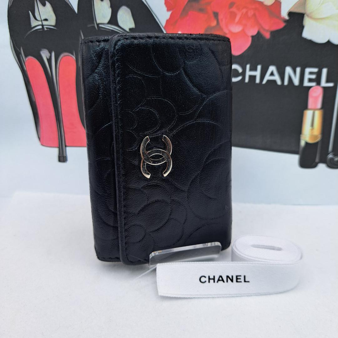 CHANEL　カメリア　キーケース　ブラック　ラムスキン