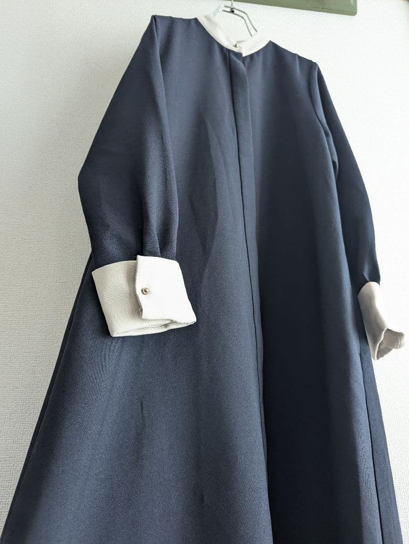 【美品】SHIPS any 白襟　白カフス　ネイビー　フレアーワンピース