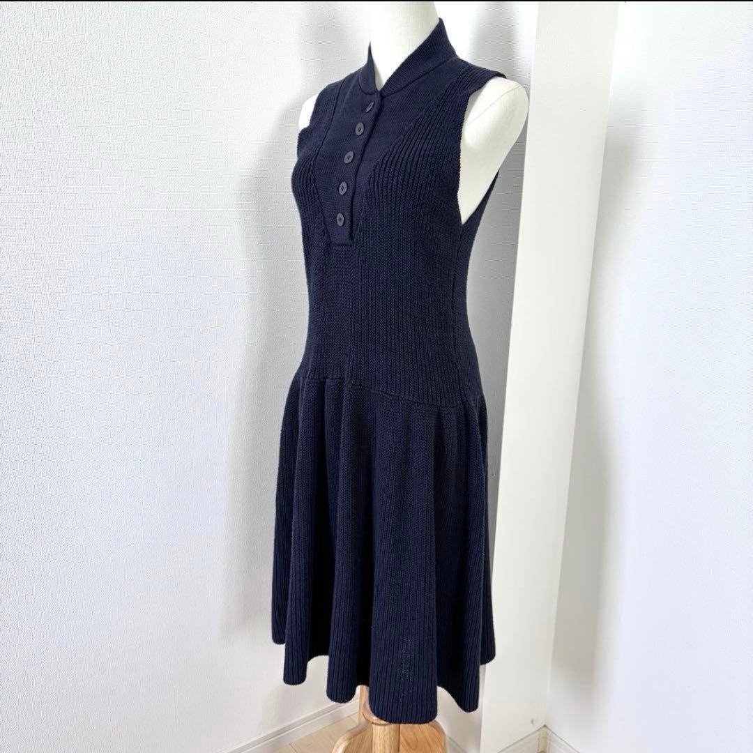 ラルフローレン　コットン リネン フレア ニットワンピース イカリ釦 紺