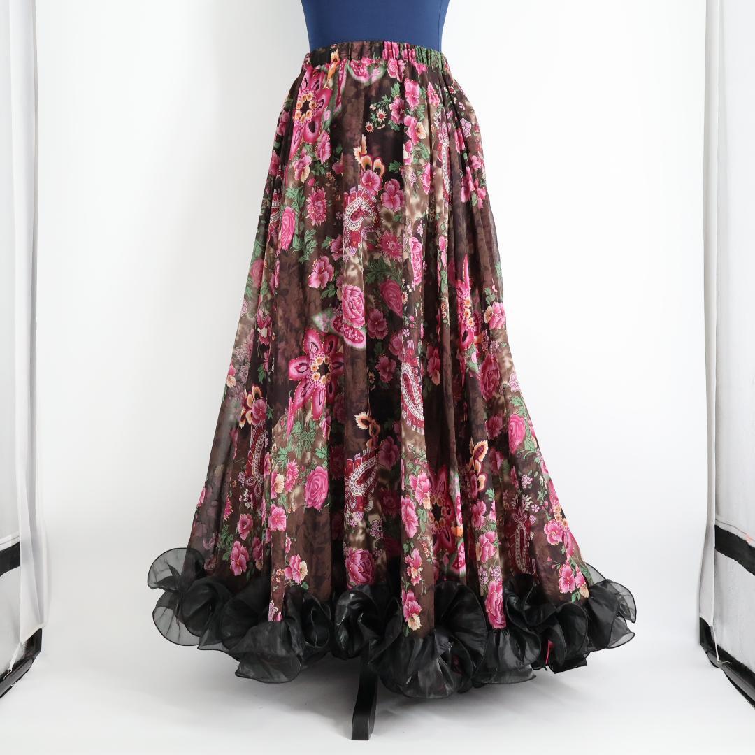 【ベリーダンス用衣装】ブラック×ピンク×ブラウン ボリューム ジプシースカート