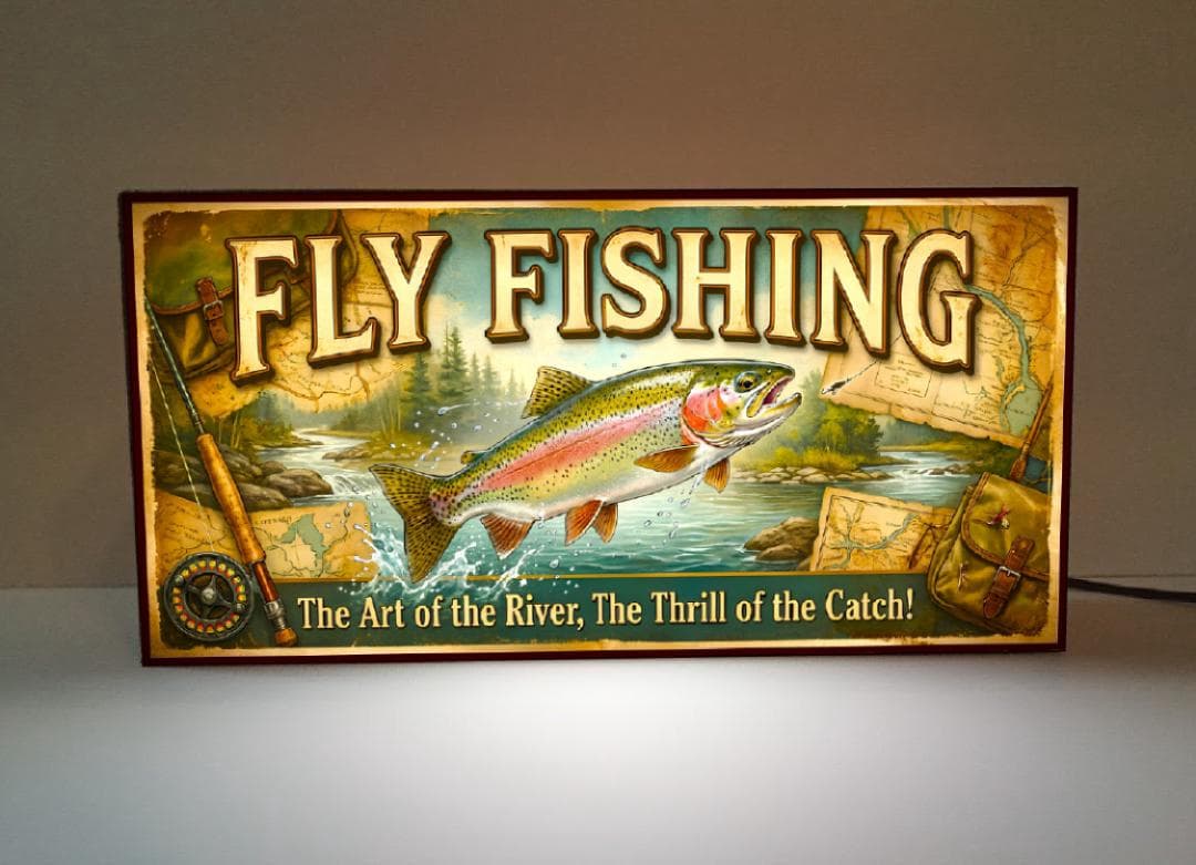 【オーダー無料】フライフッシング 虹鱒 山岳渓流 看板 置物 雑貨 ライトBOX