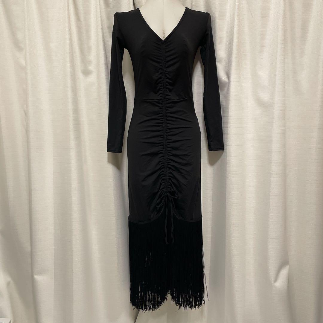 社交ダンスドレス ラテンドレス ZYM 黒 フリンジ パーティー お席ドレス M