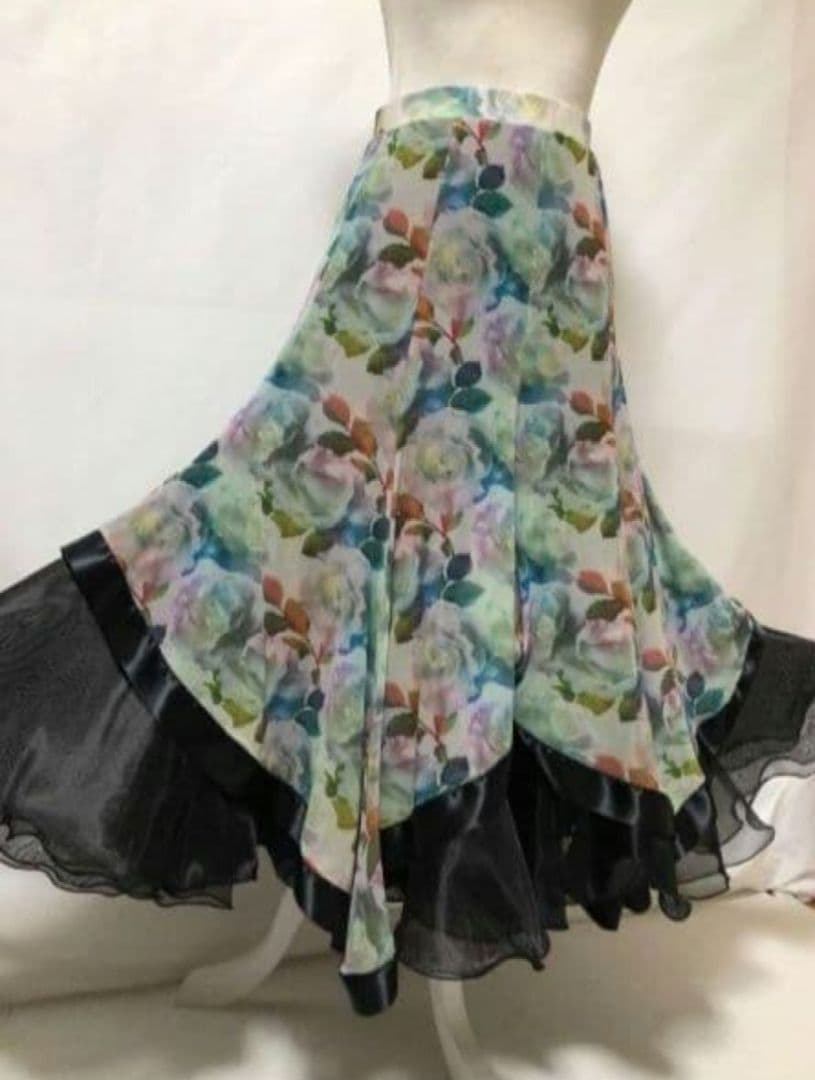 社交ダンス練習着パーティー新品タグ付き華やか花柄裾オーガンジーホーススカート