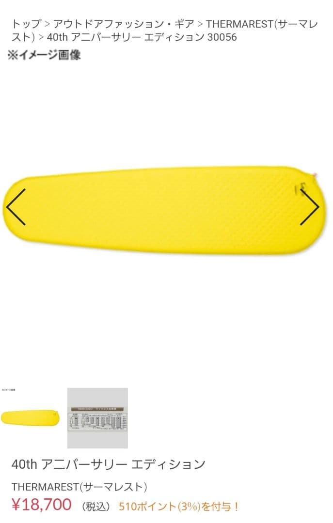 ★サーマレスト　40thアニバーサリー　レギュラー レモン色 （未使用に近い）