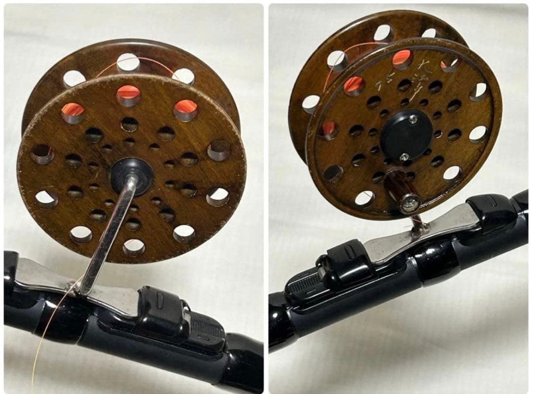 良品　宇崎日新　NISSIN　釣竿　黒鯛　チヌ用　天然木リール　糸　取説有り