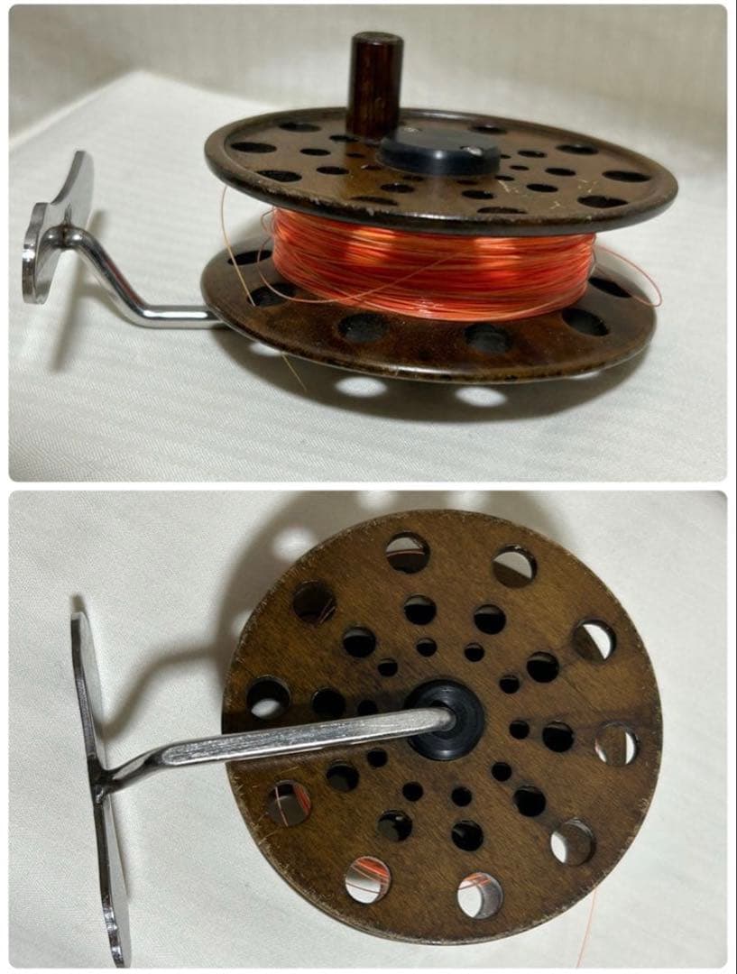 良品　宇崎日新　NISSIN　釣竿　黒鯛　チヌ用　天然木リール　糸　取説有り