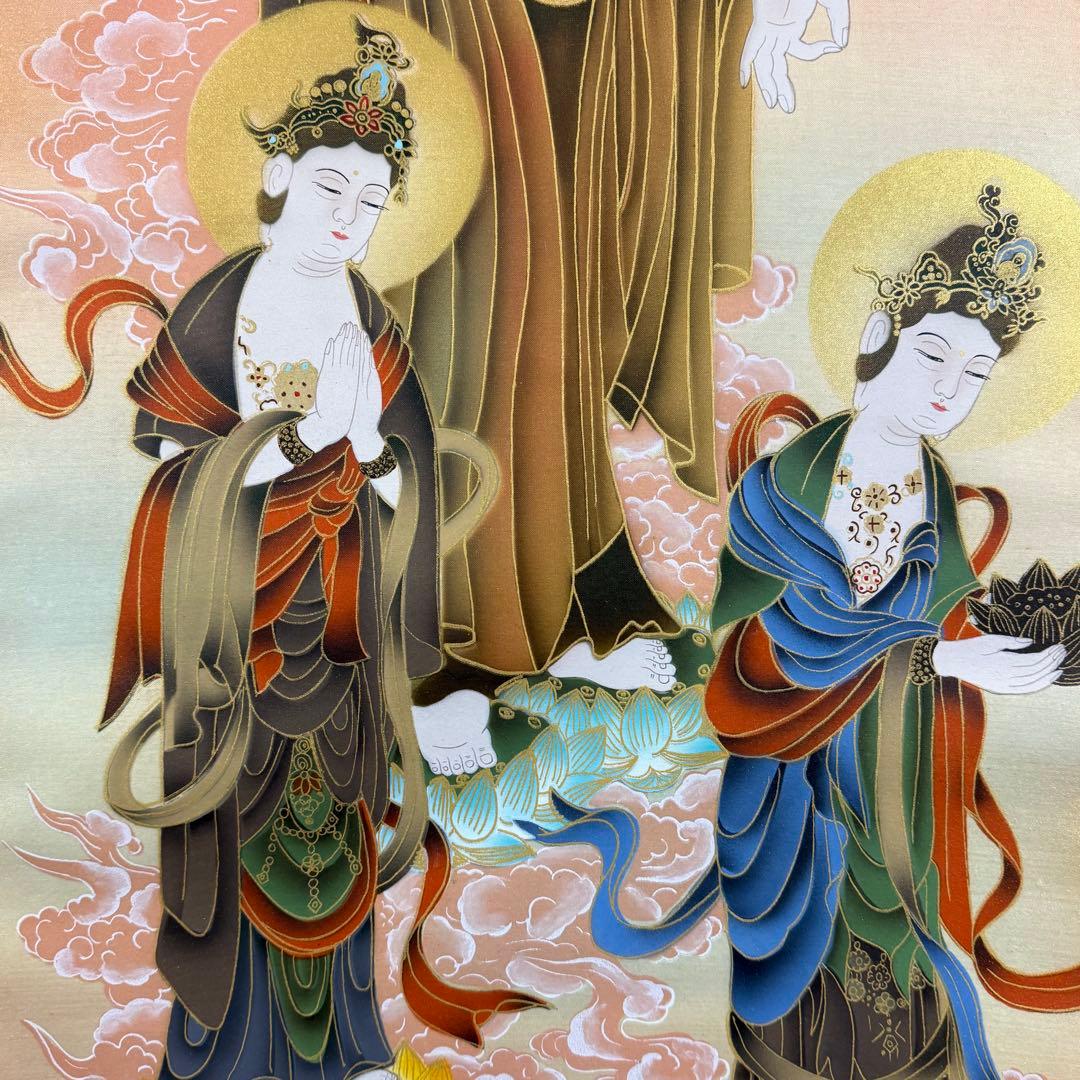 K165 直覚 「阿弥陀三尊佛」 掛軸 日本画 絹本 共箱