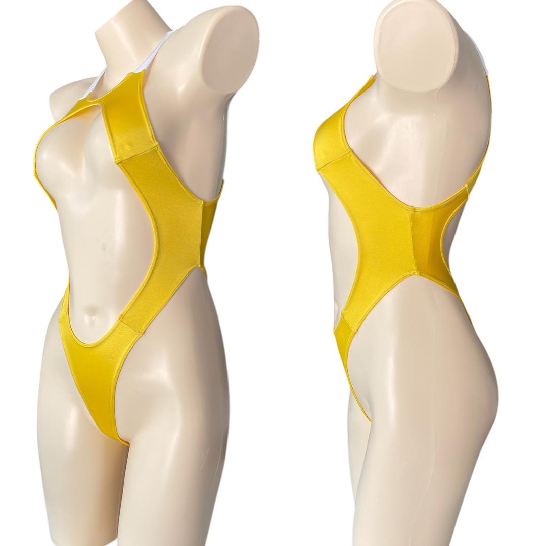 レオタード　ハイレグ　穴あき　パールホワイト×パールイエロー