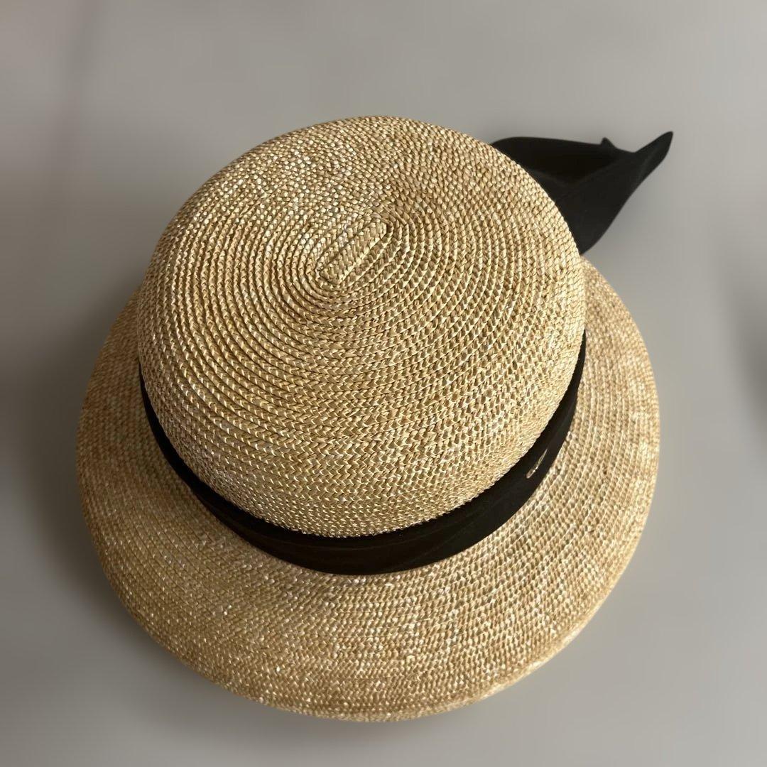 リボン付き麦わら帽子 ベージュと黒
