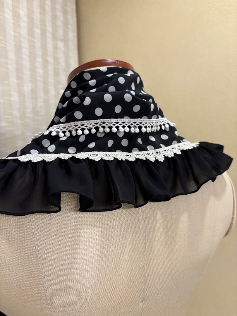フラメンコ衣装　エプロン＆シージョセット　黒白ドット　スカラップ　限定特別価格