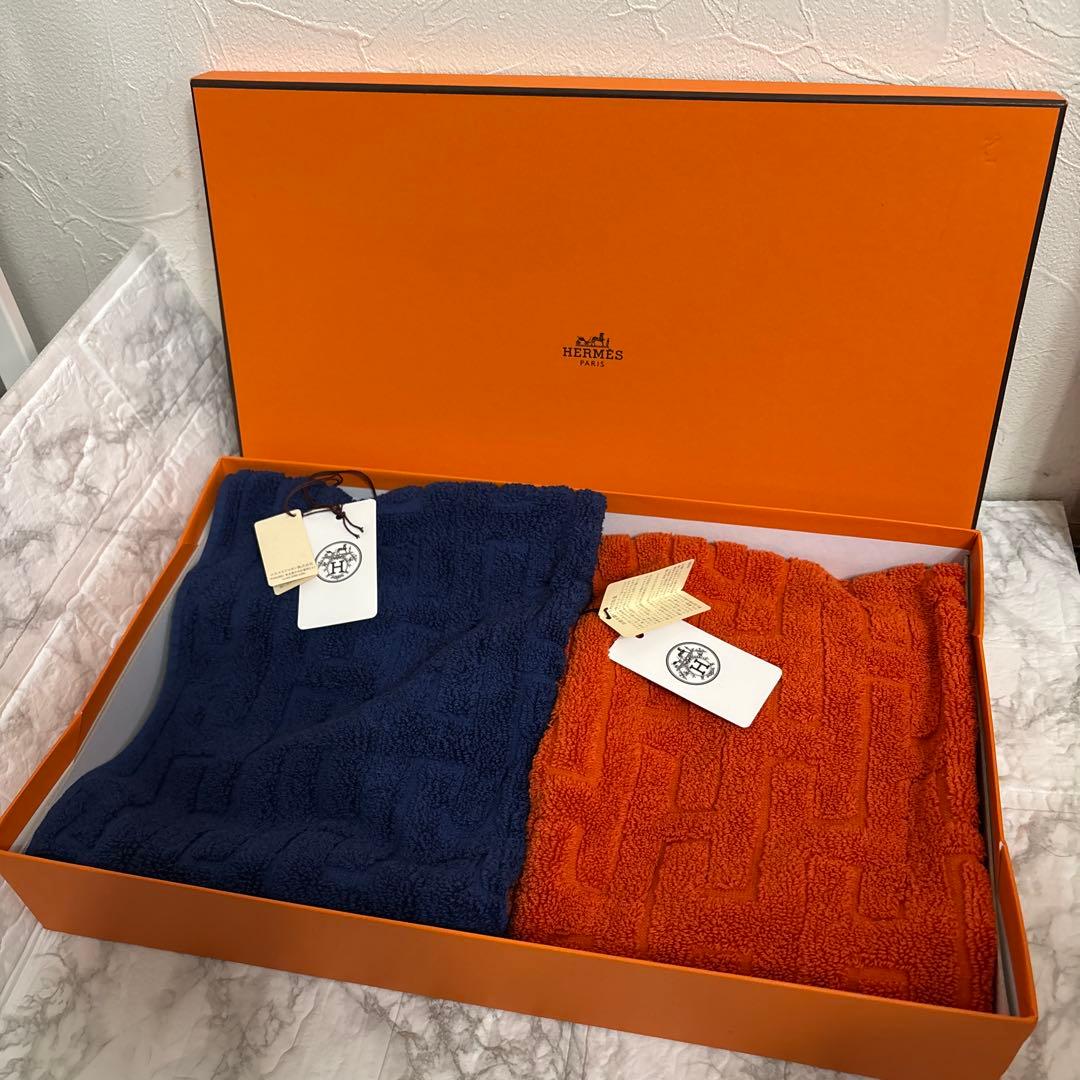美品　HERMES エルメス タオル2セット　オレンジ&ブルー　箱付き