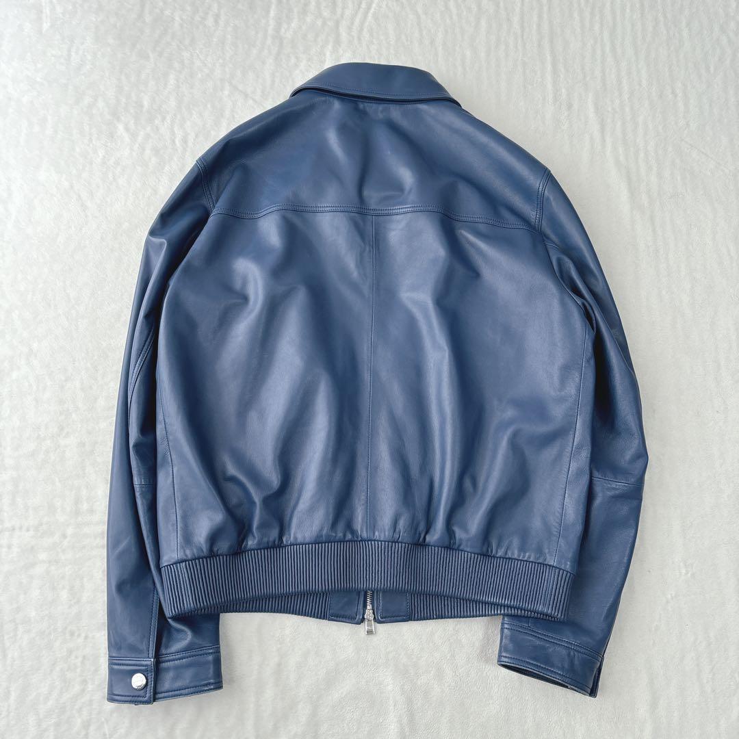 【美品】ヒューゴボス　レザージャケット　ブルー　羊革　54サイズ　ライダース