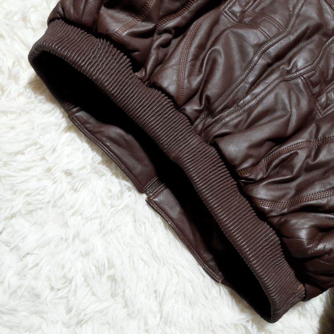 maggoni elegance　リアルレザーエンボス加工中綿ジャケット　茶XL